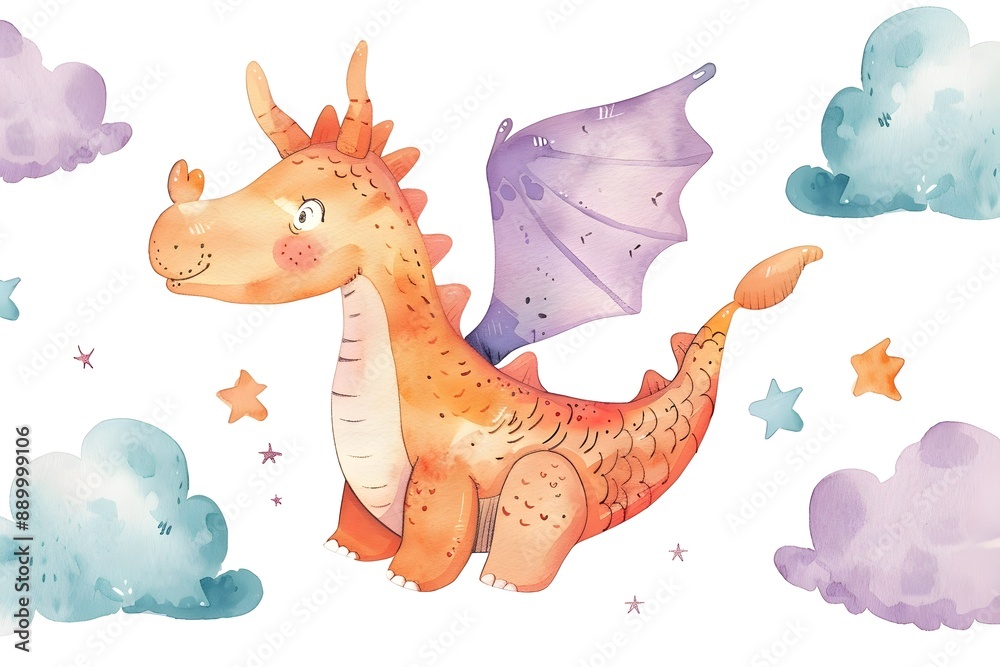 Fototapeta premium Whimsical Watercolor Dragon with Playful Wings and Airy Fantasy Elements