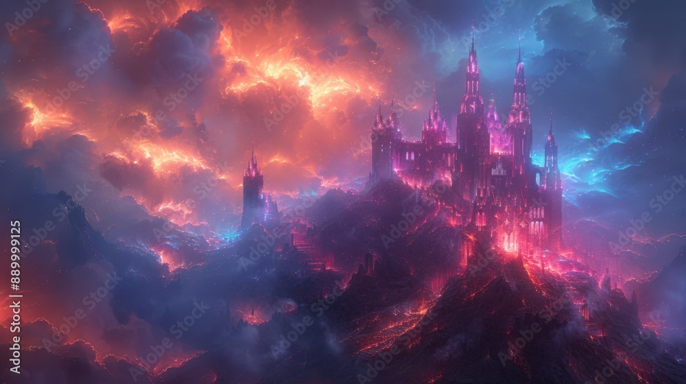 A surreal castle with floating turrets and iridescent walls, perched on a glowing hill A surreal castle with floating turrets and iridescent walls, perched on a glowing hill