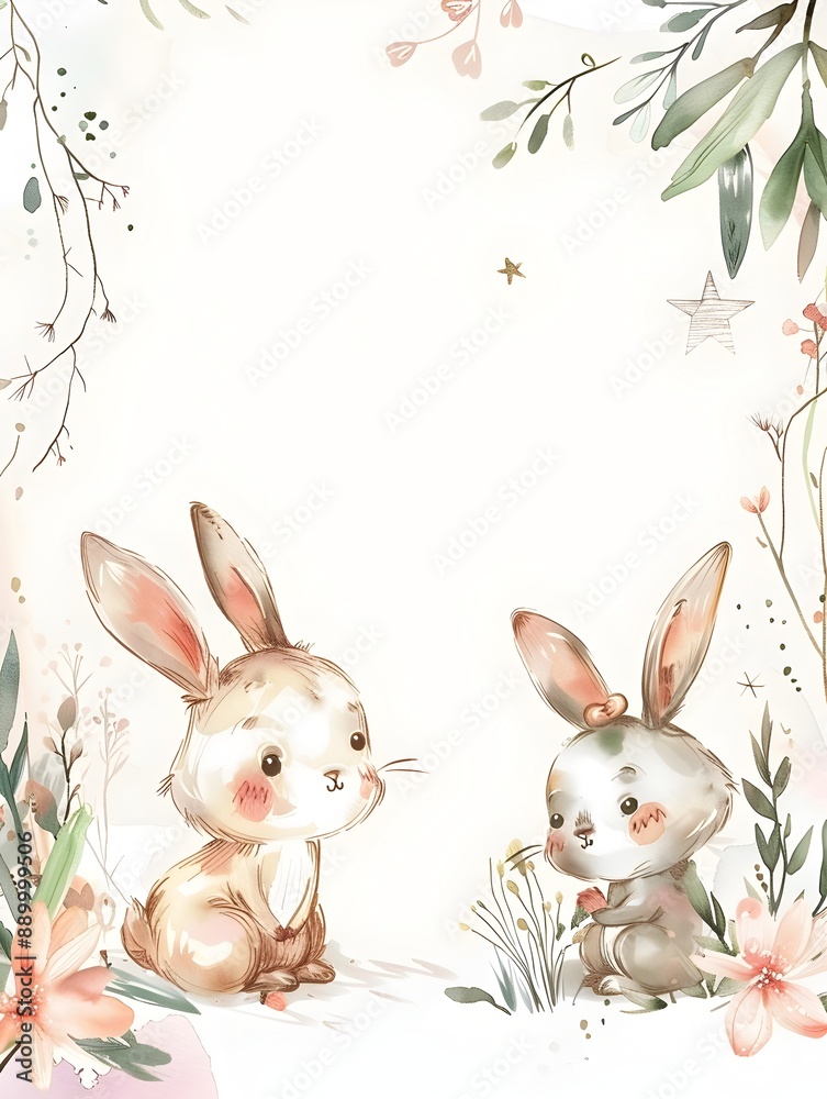 Fototapeta premium Watercolor of Whimsical Rabbit Bunny Frame for Baby Shower and Invitations