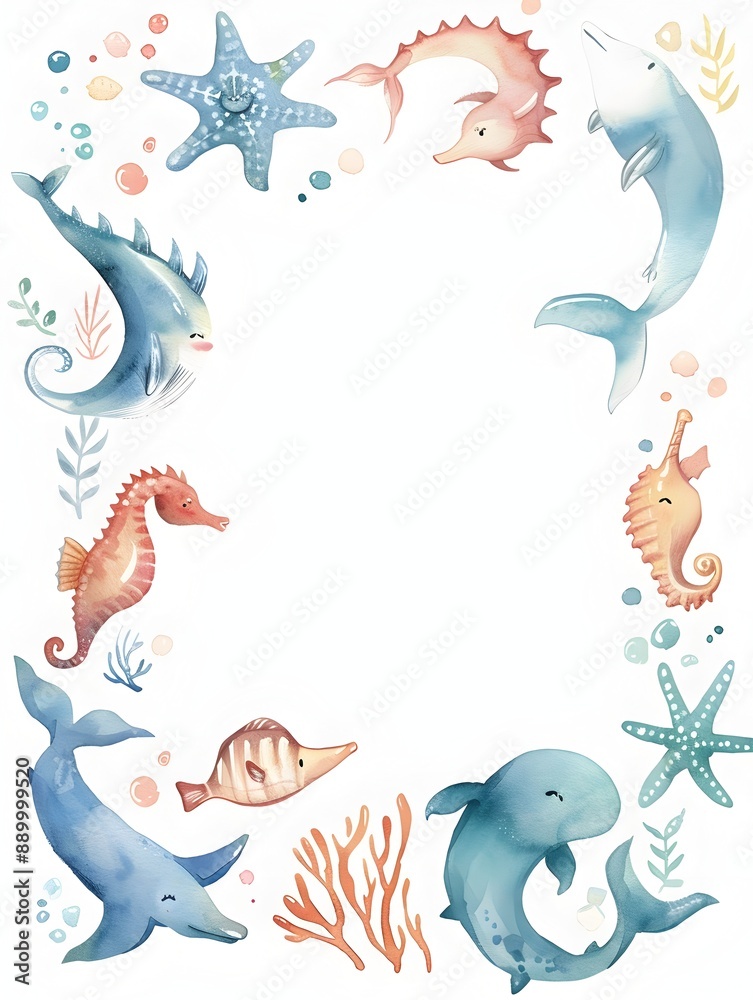 Obraz premium Whimsical Watercolor Frame of Adorable Sea Creatures for Children s Spaces