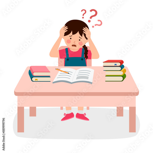 Stressed student kid sitting at desk with pile of books in flat design on white background. Girl child doing difficult homework.