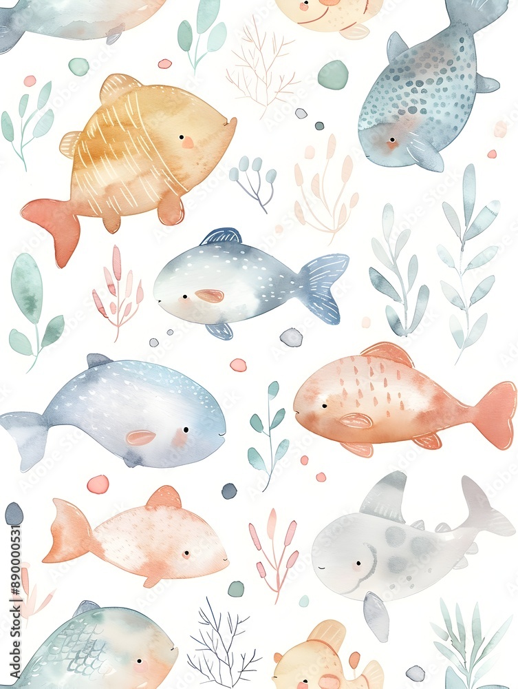 Fototapeta premium Minimalistic Watercolor of Friendly Ocean Fish in Pastel Hues