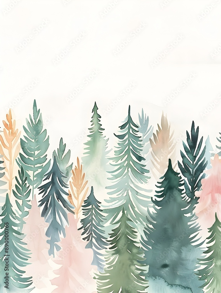 Obraz premium Minimalist Watercolor of Serene Pine and Spruce Forest Landscape