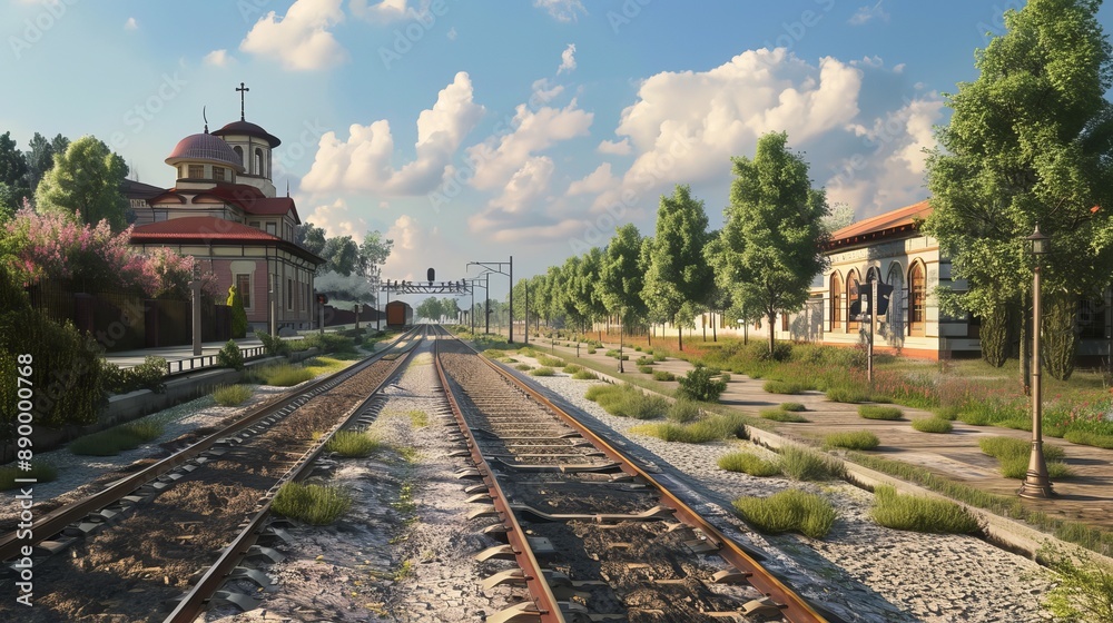 Obraz premium A perspective view of the Edirne Railroad would showcase the tracks extending into the distance, bordered by surrounding landscapes or urban settings.