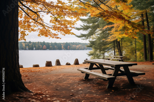 picnic tables at park in autumn fall colors with lake carpet of leaves yellow orange and green forest tree