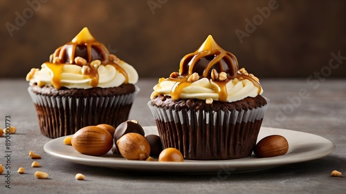 Cupcake with Chocolate, Caramel, Nuts, and Butterscotch Syrup Background