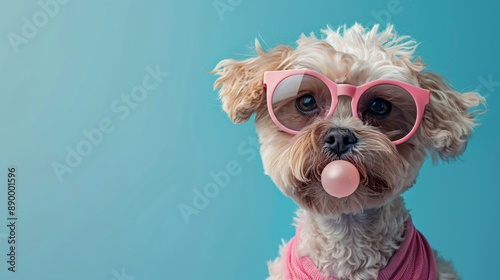 Cute white dog in pink sunglasses blowing bubble gum. © Faustudio