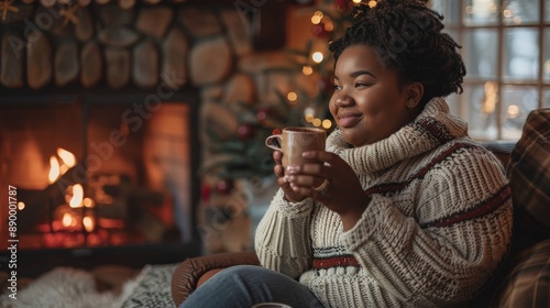 Plus-size woman in a cozy sweater, sipping hot cocoa by a fireplace