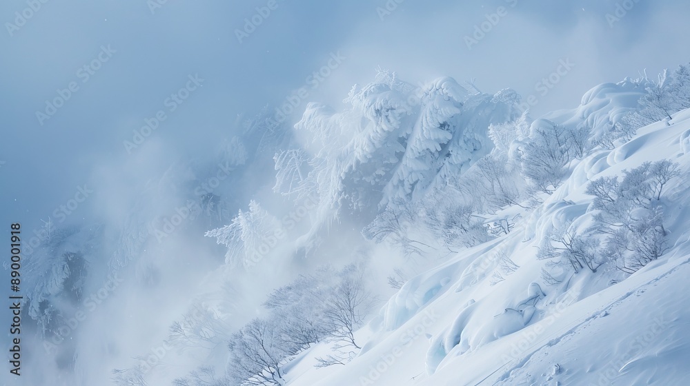 Obraz premium On February 20, 2021, in Yamagata, Japan, a snowstorm created a breathtaking view of ice formations resembling monsters on the mountains during winter.