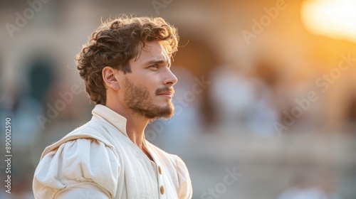 A Shakespearean actor delivers a powerful soliloquy with commanding stage presence.