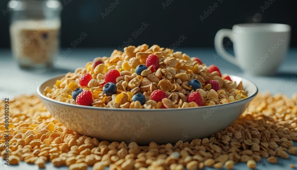 Close Up of Cereal Bowl with Berries and Milk Close Up of Cereal Bowl with Berries and Milk