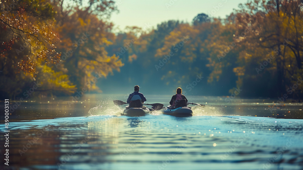 People in kayaks and canoes enjoy a summer day on a calm lake People in kayaks and canoes enjoy a summer day on a calm lake