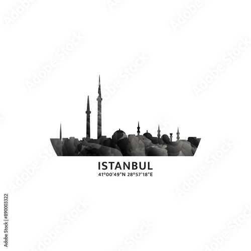 Istanbul panorama, vector badge, skyline logo and icon. Turkey city horizon logotype with landmarks and building silhouettes. Isolated foggy abstract gradient graphic