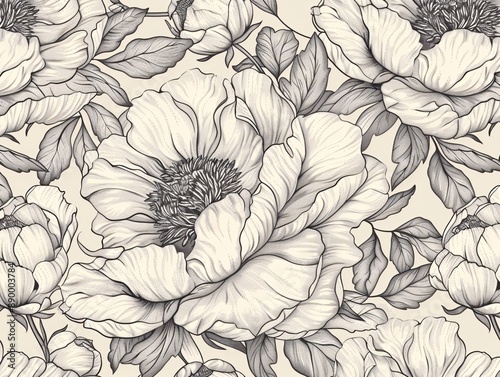 Fototapeta Naklejka Na Ścianę i Meble -  3. A sophisticated vector design of hand-drawn peonies in a horizontal seamless pattern, with beautifully detailed petals and foliage creating a charming floral background for various decorative