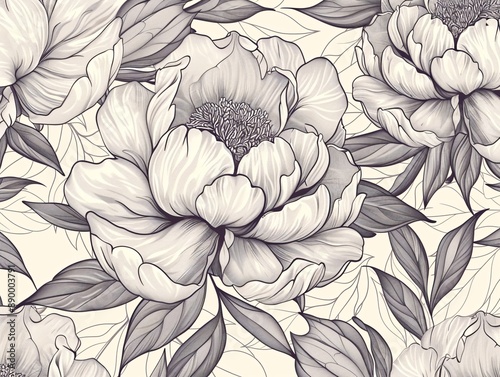 Fototapeta Naklejka Na Ścianę i Meble -  3. A sophisticated vector design of hand-drawn peonies in a horizontal seamless pattern, with beautifully detailed petals and foliage creating a charming floral background for various decorative