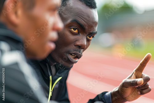 Track and field coach instructing an athlete, highlighting training and mentorship photo