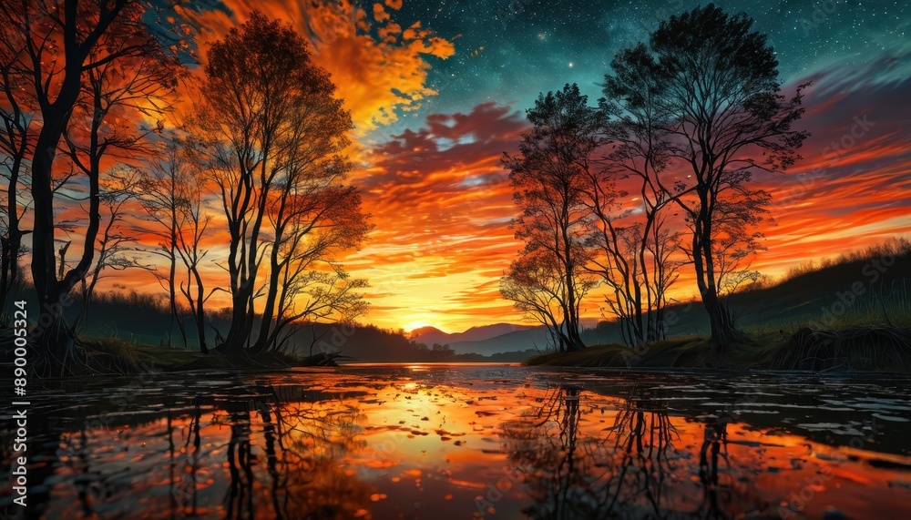 Silhouetted Trees Reflecting in a Still Lake at Sunset Silhouetted Trees Reflecting in a Still Lake at Sunset