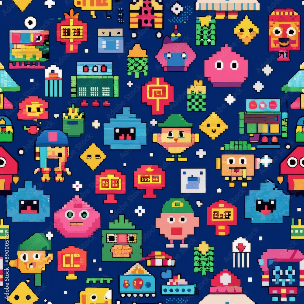 seamless pattern of pixelated graphics and characters, Generative AI seamless pattern of pixelated graphics and characters, Generative AI