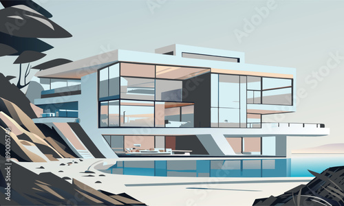 Vector graphics. A landscape with a bright modern minimalist house on the beach