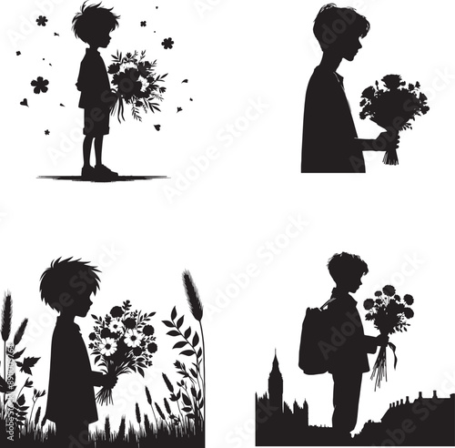 A Boy with flowers in black and white sillhouette 