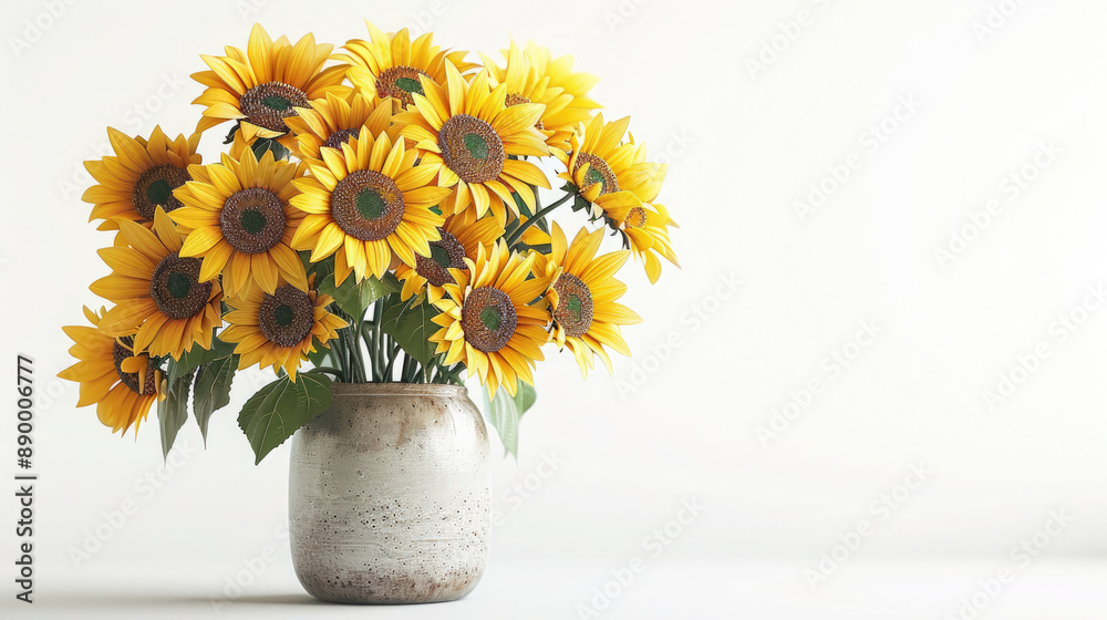 bouquet of blooming yellow sunflowers flowers in a vase on a table isolated on minimalist clean white background