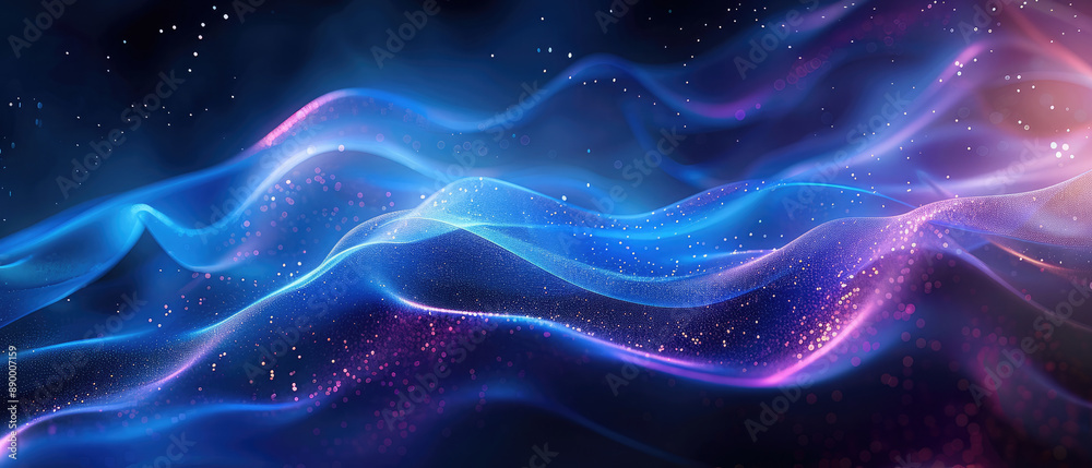 Fototapeta premium Abstract purple blue energy wave flowing fast with blue light curve lines and stripes, gradient light effect, dynamic blur for futuristic advanced technology on dark background