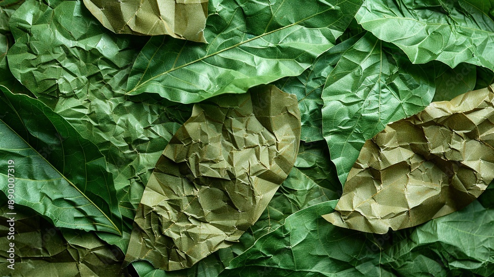   Close-up of green leaves on a wall, cut in half to resemble paper cutouts