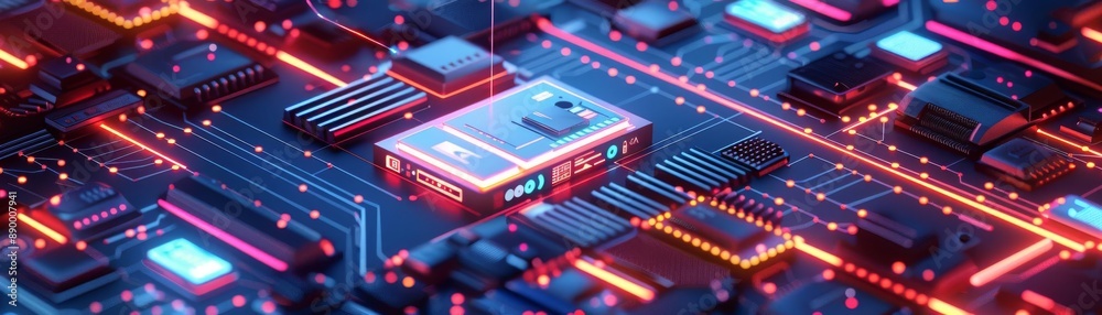 Fototapeta premium Future of network security, flat design, top view, control theme, 3D render, Triadic Color Scheme