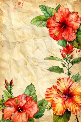 Wallpaper Mural Watercolor vintage scrapbook junk journal page, copy space in center, watercolor clipart of vibrant hibiscus flowers on parchment paper, for Junk Journal, Digital Paper, Printable  Torontodigital.ca