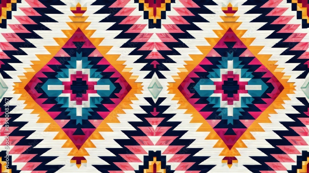 Ethnic-inspired geometric fabric design in cross stitch, with vibrant colors and intricate patterns