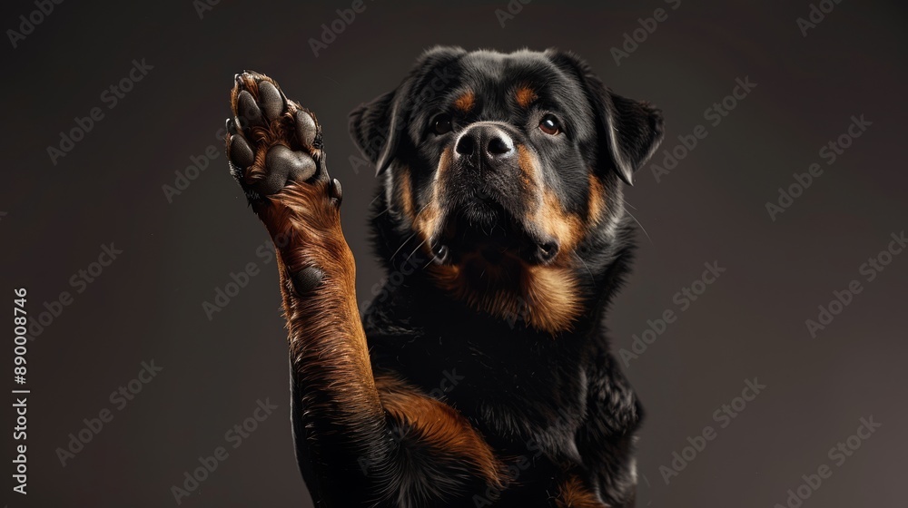 A Rottweiler dog raising its paw against a dark background, showcasing its strong and loyal nature in a portrait. A Rottweiler dog raising its paw against a dark background, showcasing its strong and loyal nature in a portrait.