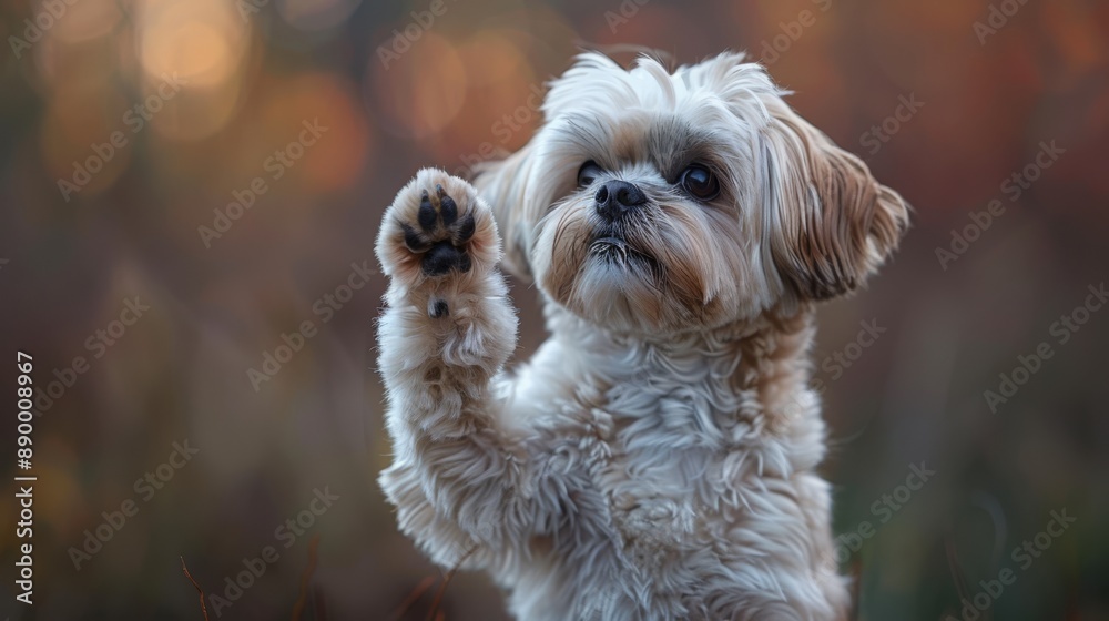 Adorable small dog with fluffy fur raising its paw, captured in autumn setting with soft, golden lighting in the background. Adorable small dog with fluffy fur raising its paw, captured in autumn setting with soft, golden lighting in the background.
