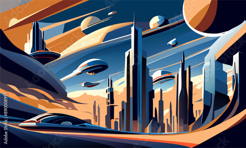 A futuristic panorama featuring blue tones and cosmic landscapes.