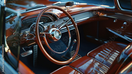 A beautifully composed cinematic shot of the inside of an empty classic car, featuring a glossy dashboard, chrome accents, and plush upholstery, all rendered in stunning realism with shadows and