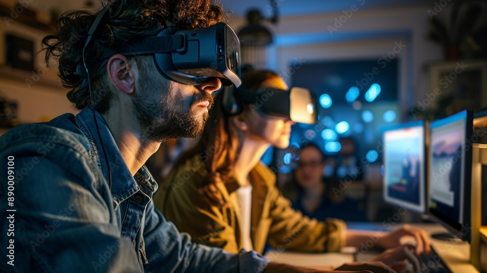 Startup team collaborating on a new project, utilizing virtual reality and 3D modeling software Startup team collaborating on a new project, utilizing virtual reality and 3D modeling software