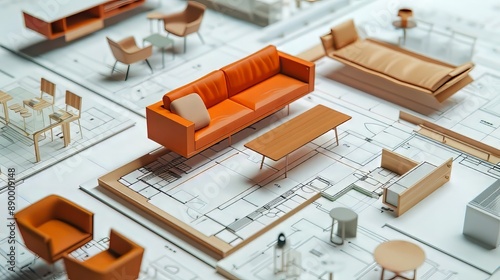 Miniature furniture models on top of detailed architectural blueprints