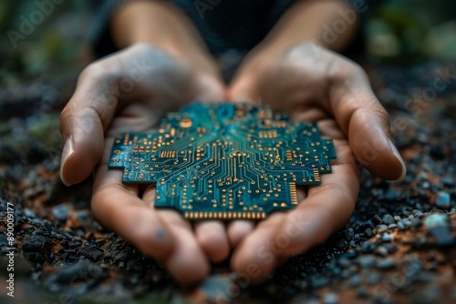 Hands Holding Microchip with Green Circuit Board Symbolizing Technological Advancement Human Connection to Tech