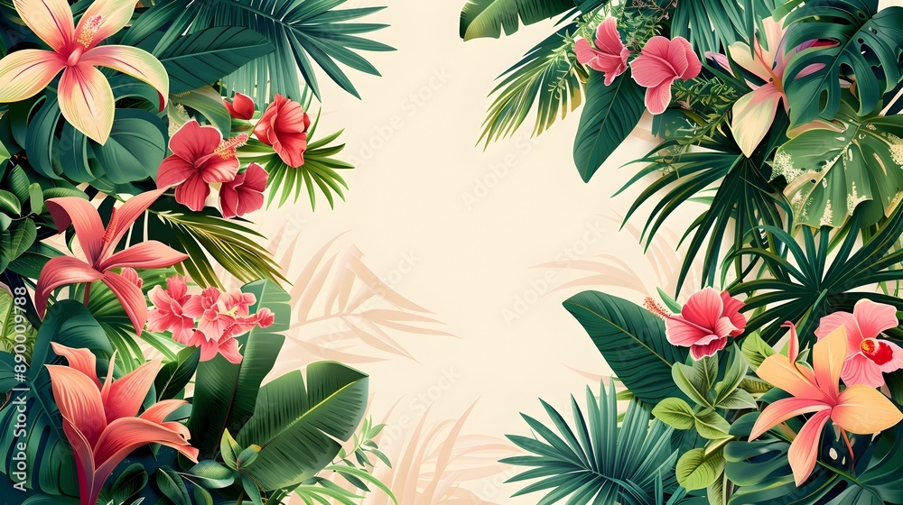 Vibrant Tropical Botanical Frame with Lush Foliage and Colorful Flowers Vibrant Tropical Botanical Frame with Lush Foliage and Colorful Flowers