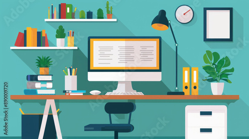 Organized workplace with computer, books, desk lamp and office supplies. Illustration of modern office desk