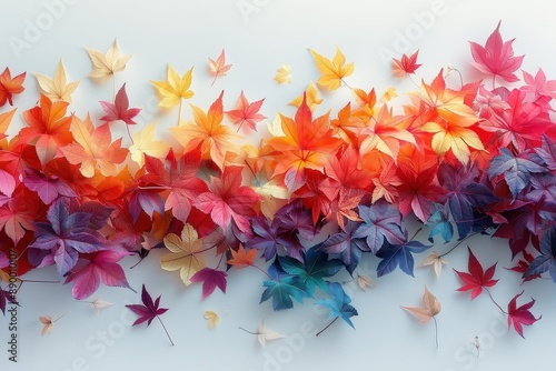 Colorful autumn leaves swirling against a white backdrop.