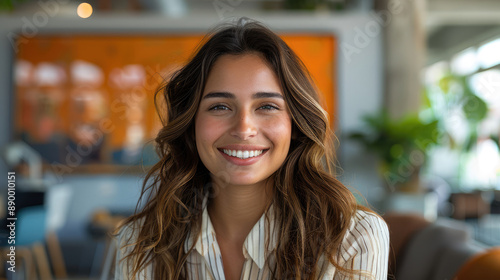 smiling and beautiful young blonde colombian woman wearing business attire with modern coworking office background in business environment during day time