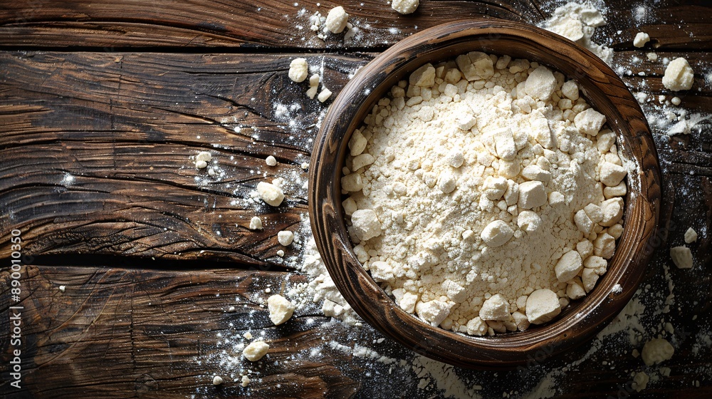 Flour sifter and heap on wooden surface in close-up view.