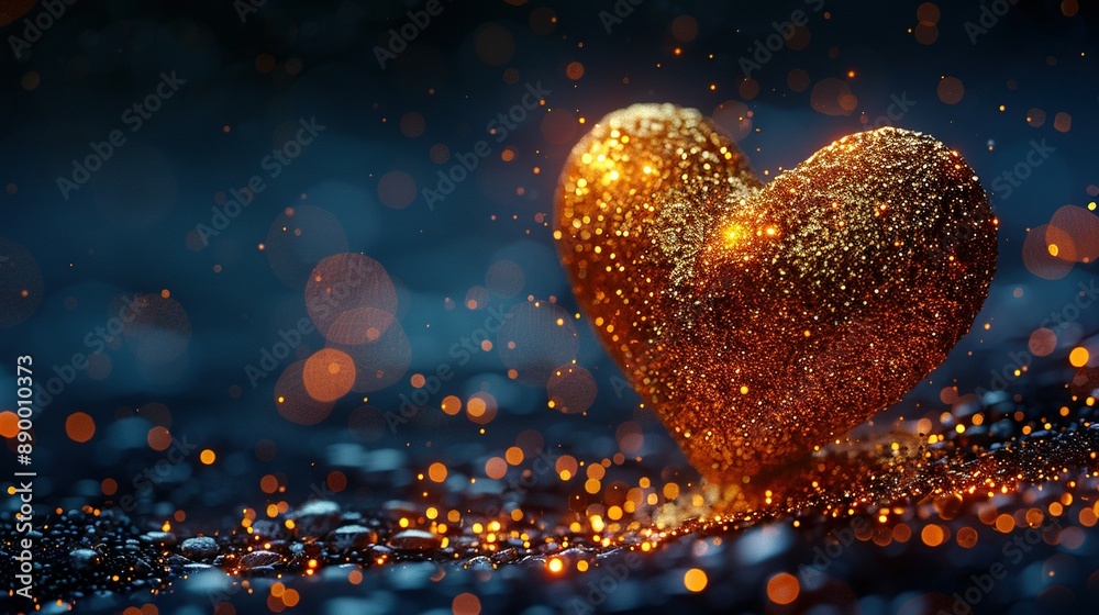 A golden heart-shaped object sits atop a blue-black surface with blurred lights in the background A golden heart-shaped object sits atop a blue-black surface with blurred lights in the background