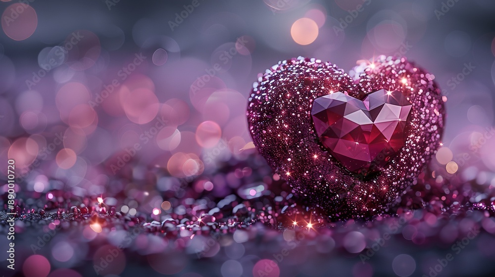 A heart-shaped object rests atop a shimmering mound of pink and purple glitter on a tabletop A heart-shaped object rests atop a shimmering mound of pink and purple glitter on a tabletop