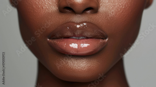 Close up of brown African American woman's lips with shiny clear lip gloss with mouth closed