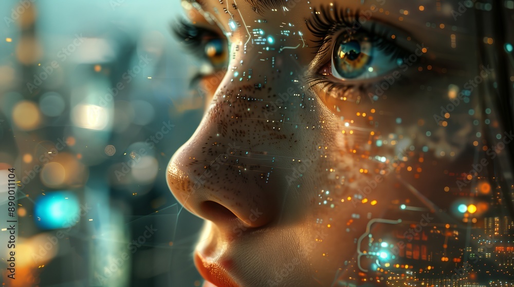 Close-up young freckled face with digital overlays representing blend of human emotion and advanced technology Close-up young freckled face with digital overlays representing blend of human emotion and advanced technology