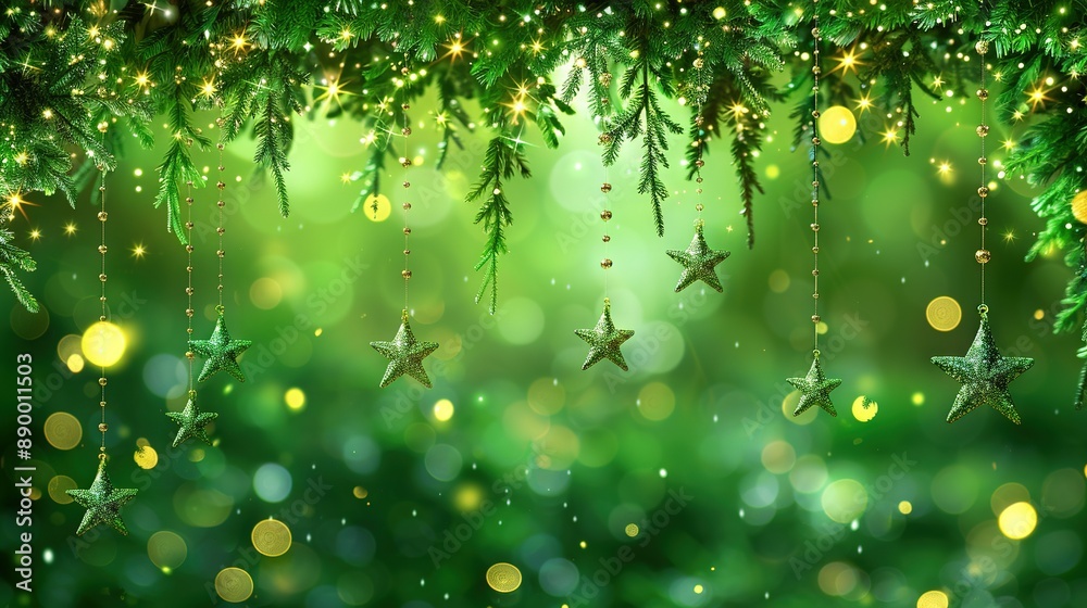 A luminous Christmas tree adorned with golden stars dangles from its limbs against a vibrant green backdrop A luminous Christmas tree adorned with golden stars dangles from its limbs against a vibrant green backdrop