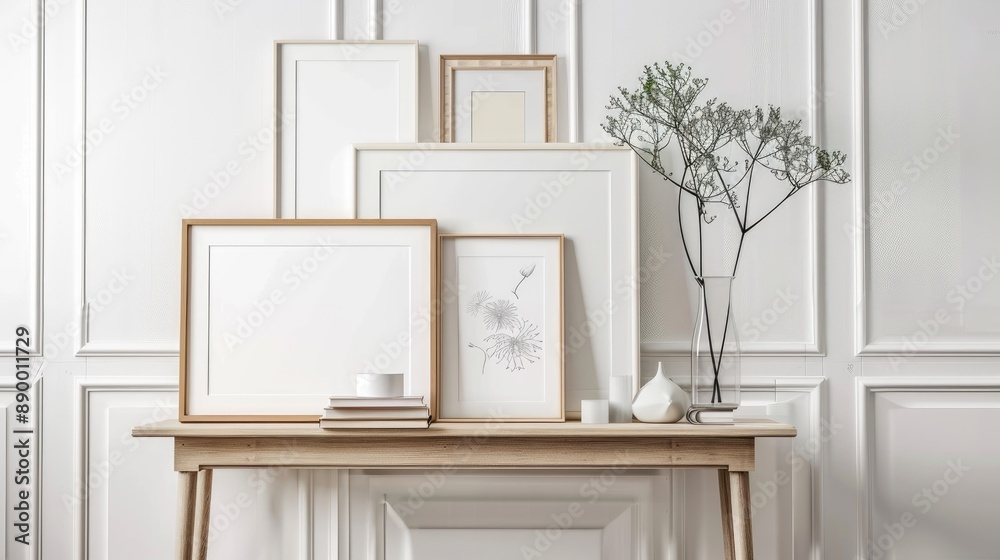 Elegant Gallery Wall with Assorted Empty Frames and Console Table for Print Display Elegant Gallery Wall with Assorted Empty Frames and Console Table for Print Display