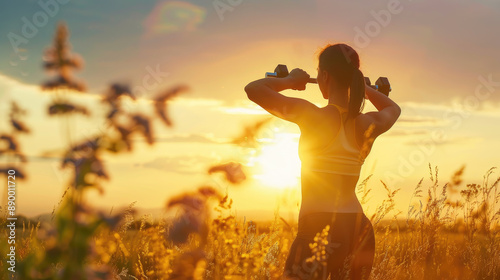 Woman training with dumbbells in nature. A person who exercises outdoors looks great and enjoys it.