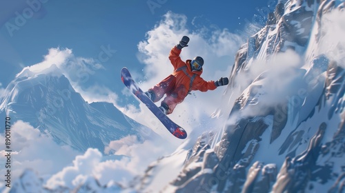 A low-angle shot captures a snowboarder executing an aerial trick against snow-covered mountains.